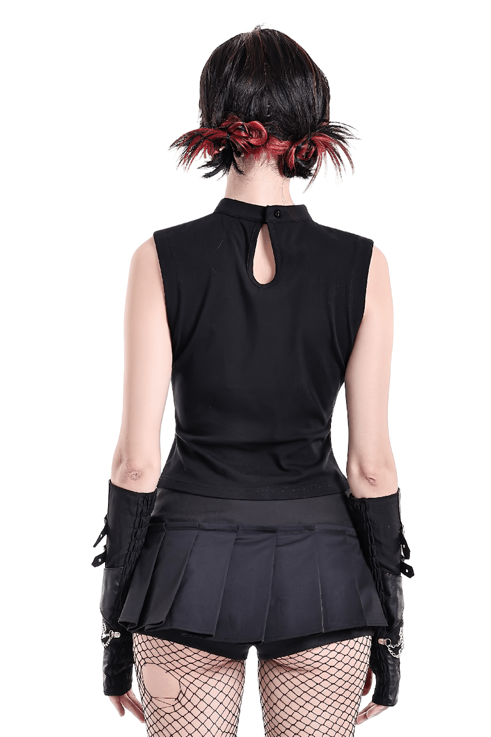 Women's Punk Rock Lace-Up Buckle Sleeveless Top black gothic mock neck tank for edgy concert outfits