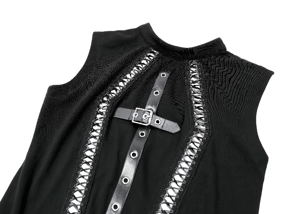 Women's Punk Rock Lace-Up Buckle Sleeveless Top black gothic mock neck tank with grommet strap detail