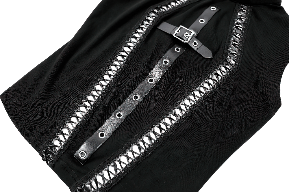 Women's Punk Rock Lace-Up Buckle Sleeveless Top, gothic black mock neck tank with buckle and lace-up details
