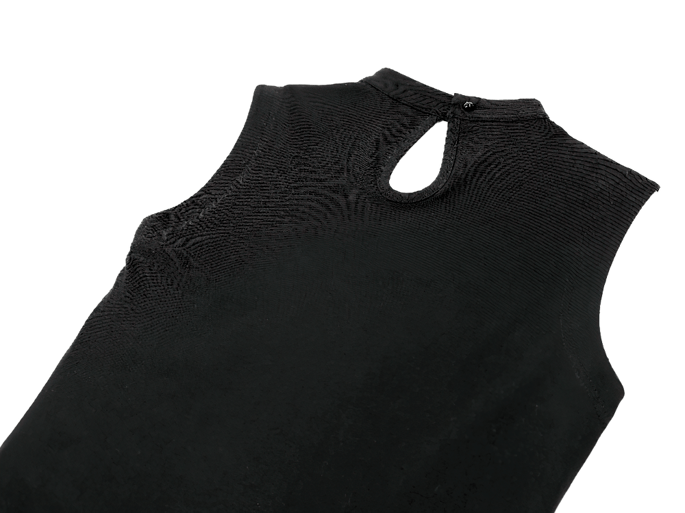 Women's Punk Rock Lace-Up Buckle Sleeveless Top, black gothic mock neck tank with keyhole detail