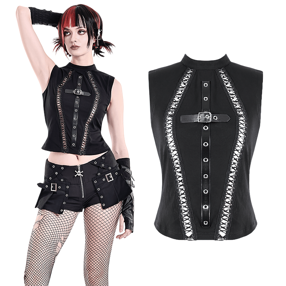 Women's Punk Rock Lace-Up Buckle Sleeveless Top black gothic mock neck tank top with grommet straps and buckle