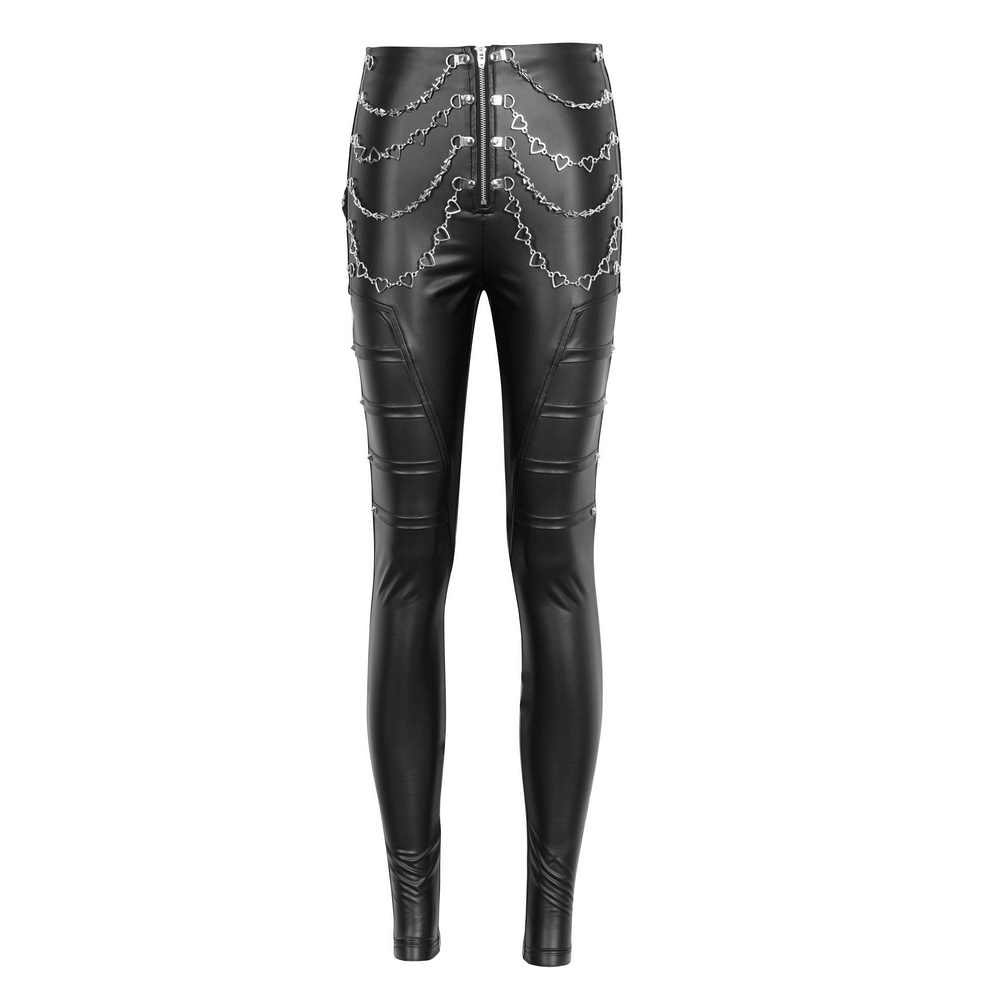 Women's punk faux leather pants with chain accents, fitted black trousers for a bold fashion statement.