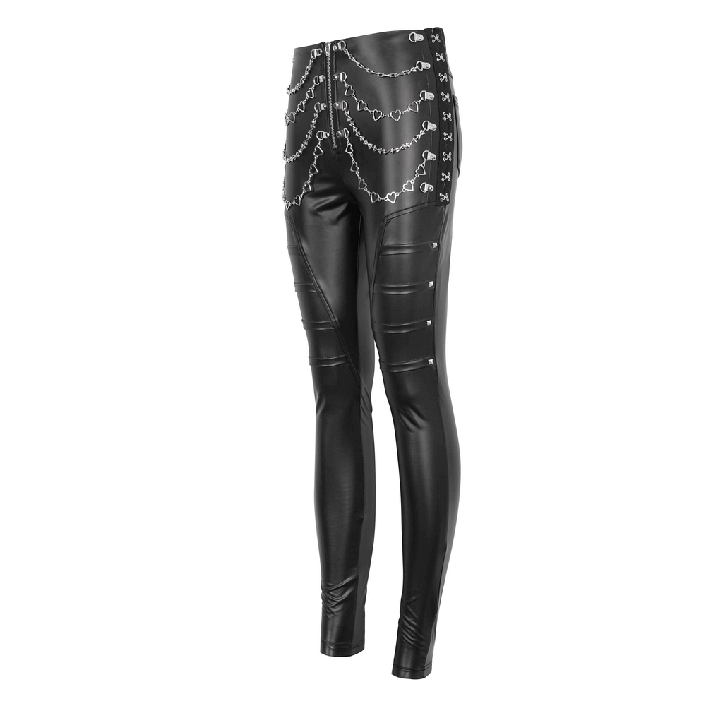 Women's punk faux leather pants with chain accents, fitted design, sleek black trousers for bold fashion.