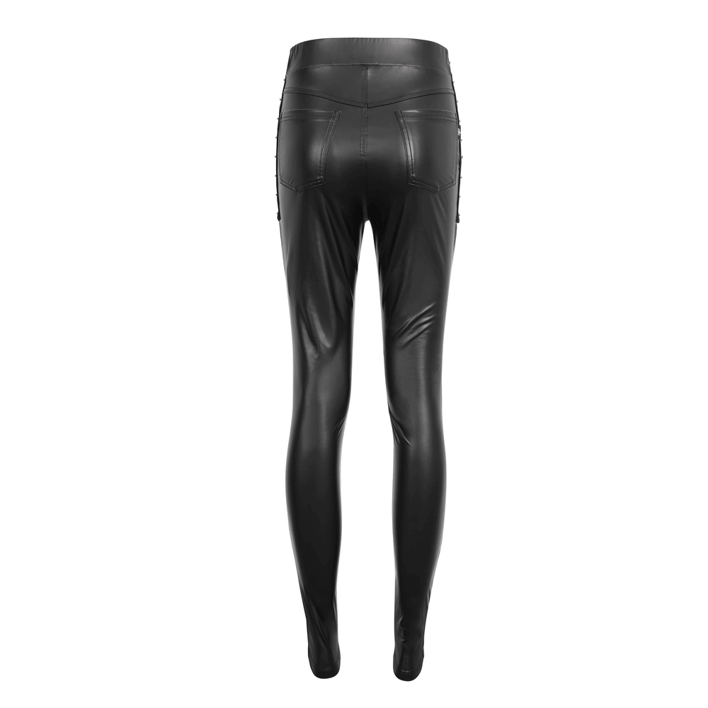 Women's Punk Slim Faux Leather Pants with Chains - chic black back view showcasing stylish design and fitted silhouette.