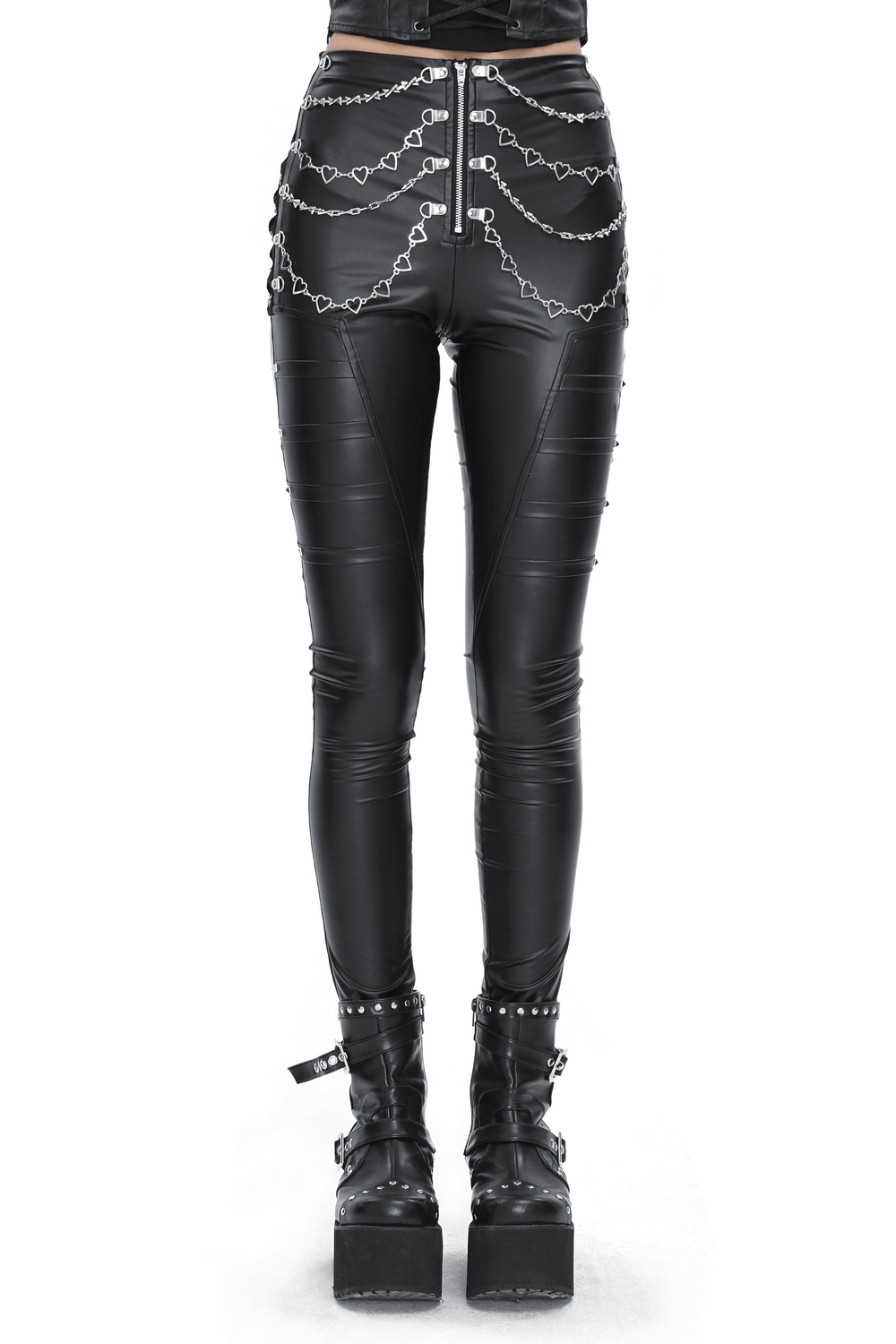 Women's black faux leather pants with chain accents, showcasing a sleek fit and edgy style.