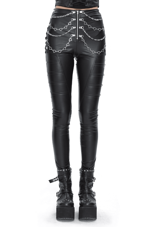 Women's Punk Slim Faux Leather Pants with Chains