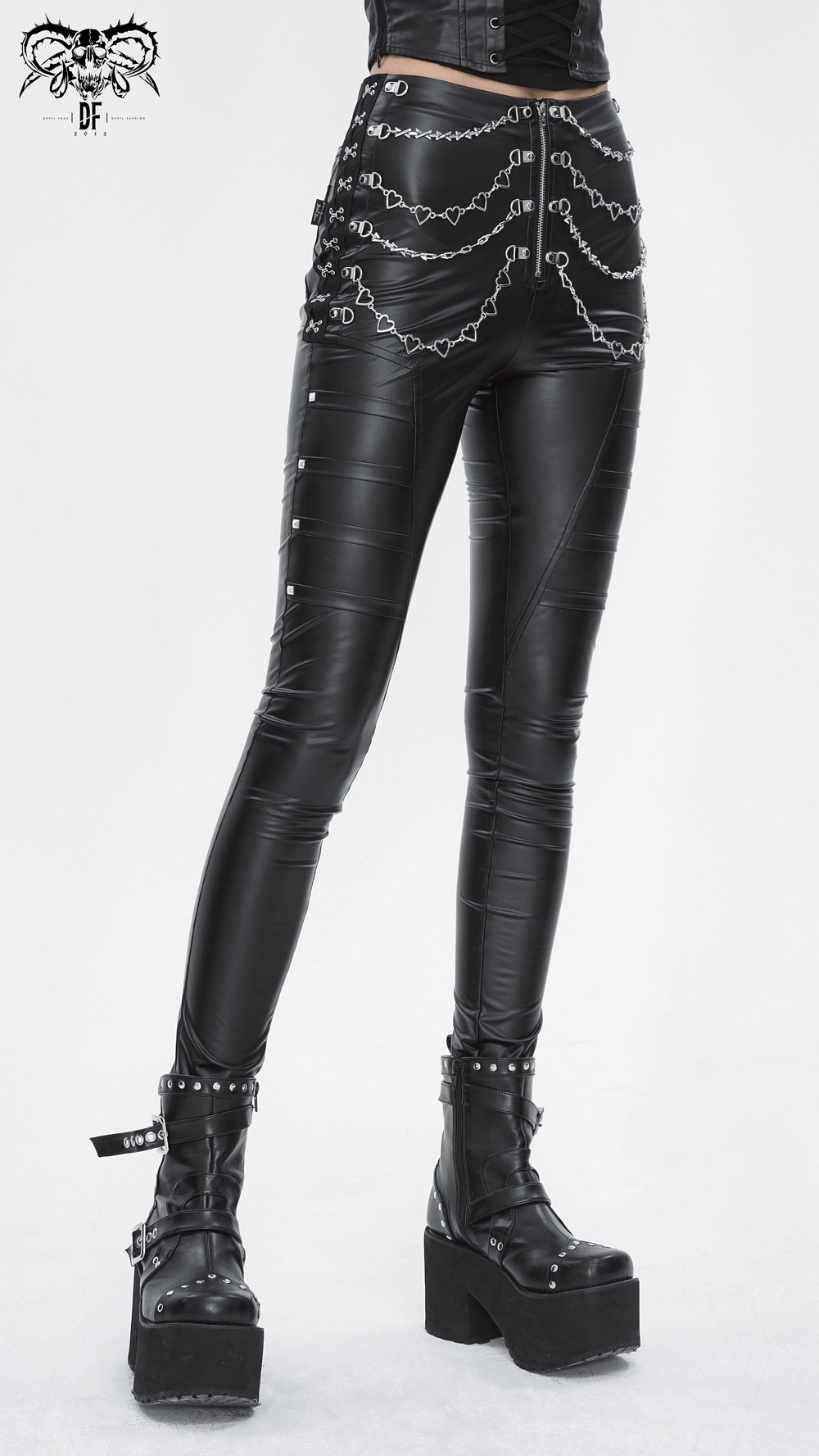 Women's black faux leather pants with chain accents, perfect for punk fashion enthusiasts and bold style choices.