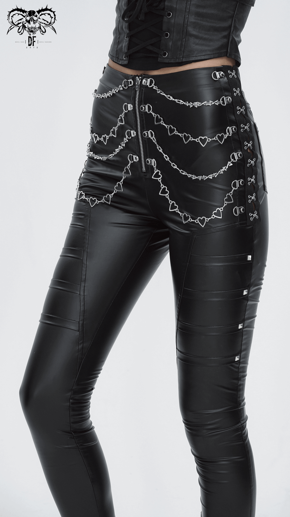 Women's punk faux leather pants with chains, featuring sleek design and edgy style accents.