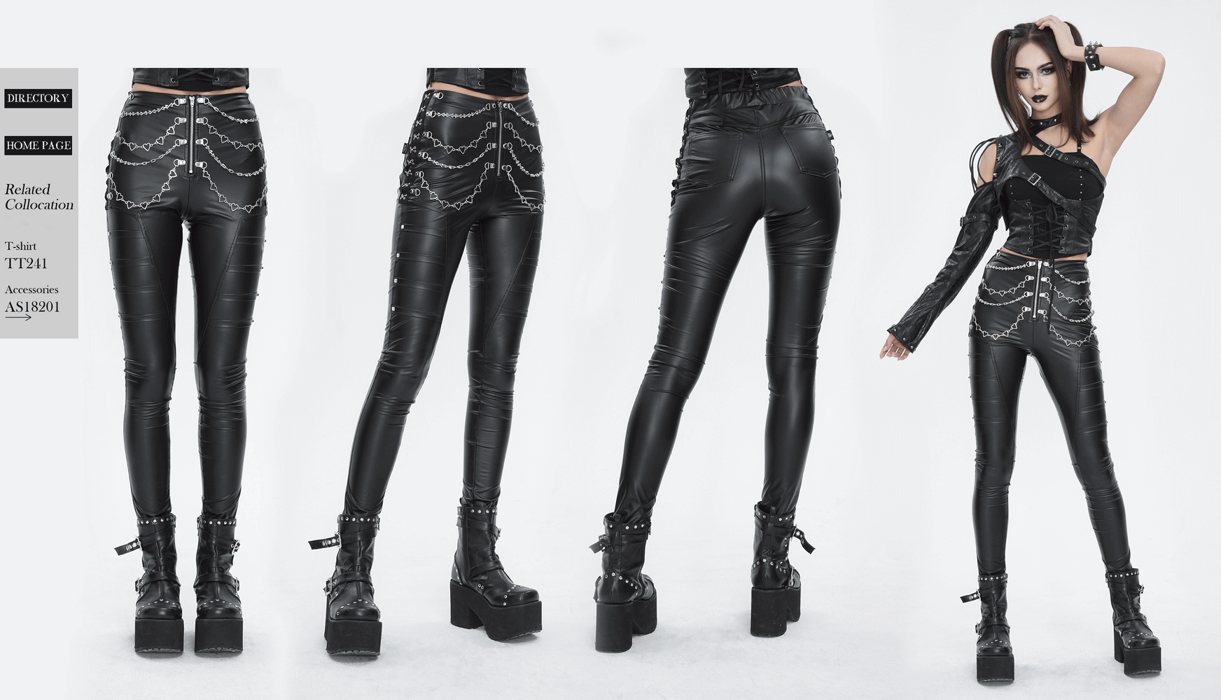 Women's punk faux leather pants with chains, sleek fit showcasing bold fashion style.