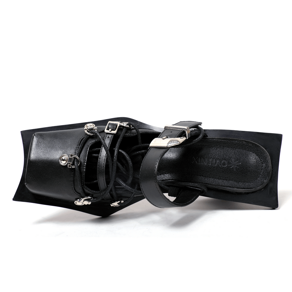 Women's Punk Square Toe Lace-Up Heels with Buckle Straps, black goth pumps with silver charms and sculpted heels
