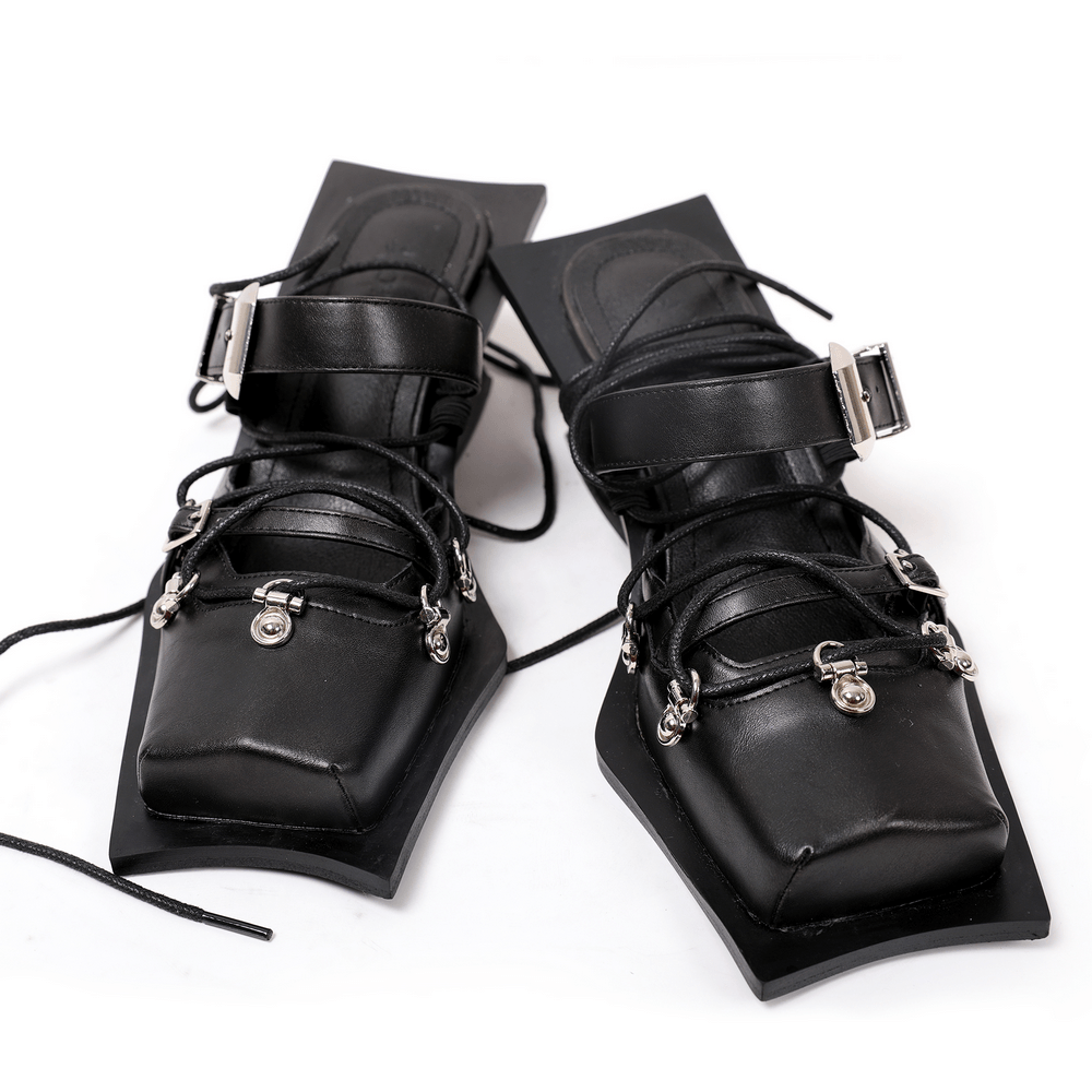 Women's Punk Square Toe Lace-Up Heels with Buckle Straps black gothic pumps with metal charms and sculpted heel