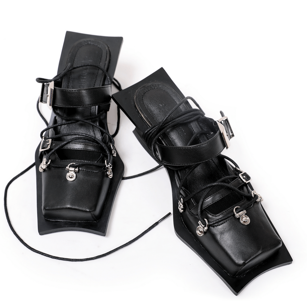 Women's Punk Square Toe Lace-Up Heels with Buckle Straps black gothic heels with metal charms and sculpted flared soles