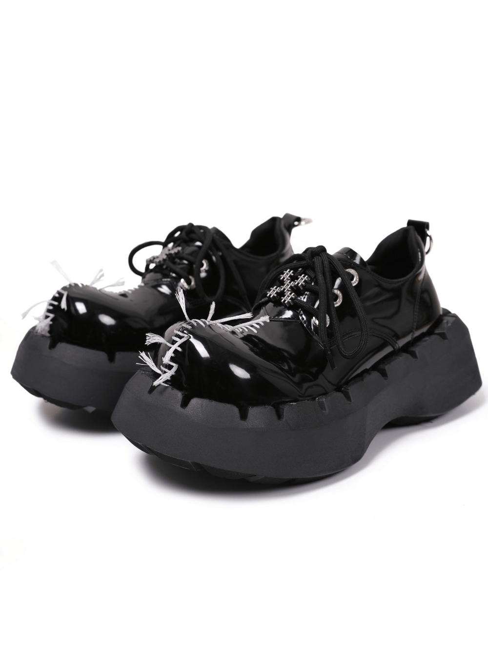 Women's Punk Stitch Chunky Sole Lace-Up Sneakers black patent gothic platform creepers with white stitching and chunky soles