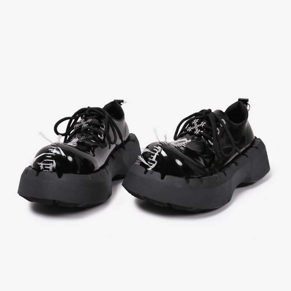 Women's Punk Stitch Chunky Sole Lace-Up Sneakers, black patent gothic creepers with chunky platform soles and white stitching