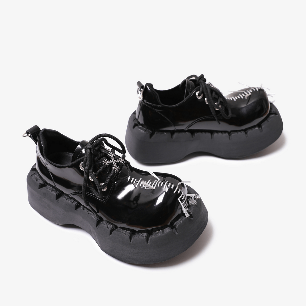 Women's Punk Stitch Chunky Sole Lace-Up Sneakers black patent gothic platform creepers with chunky soles