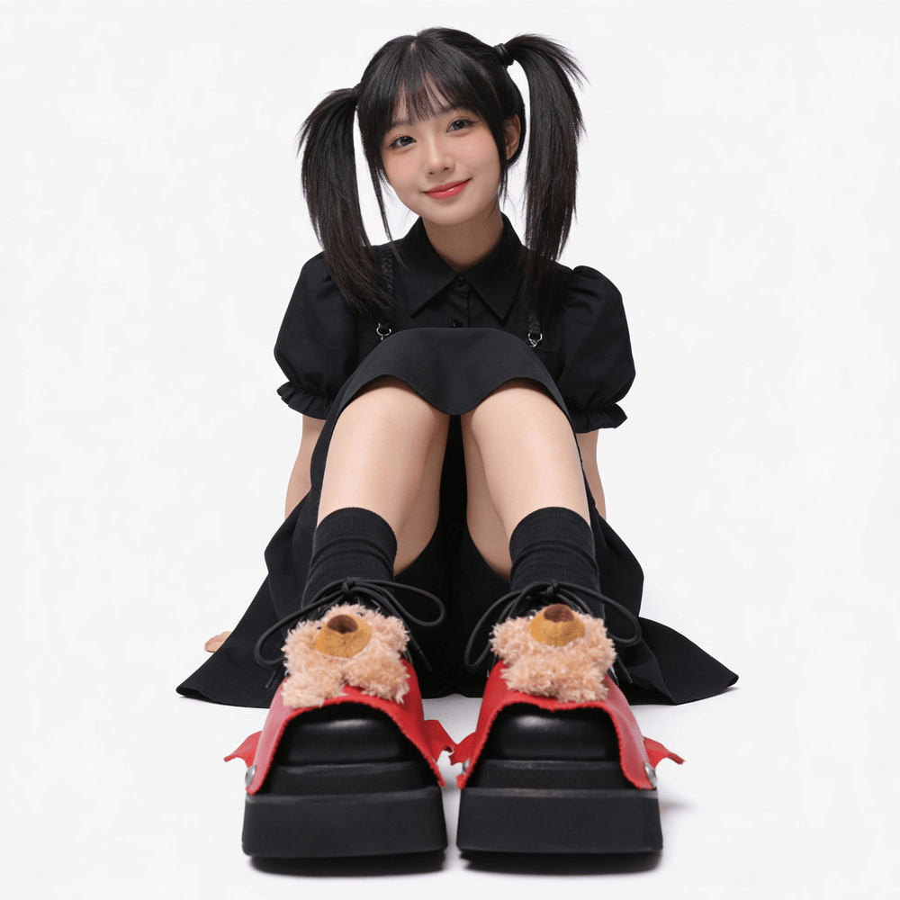 Women's Punk Teddy Bear Chunky Platform Lace-Up Shoes