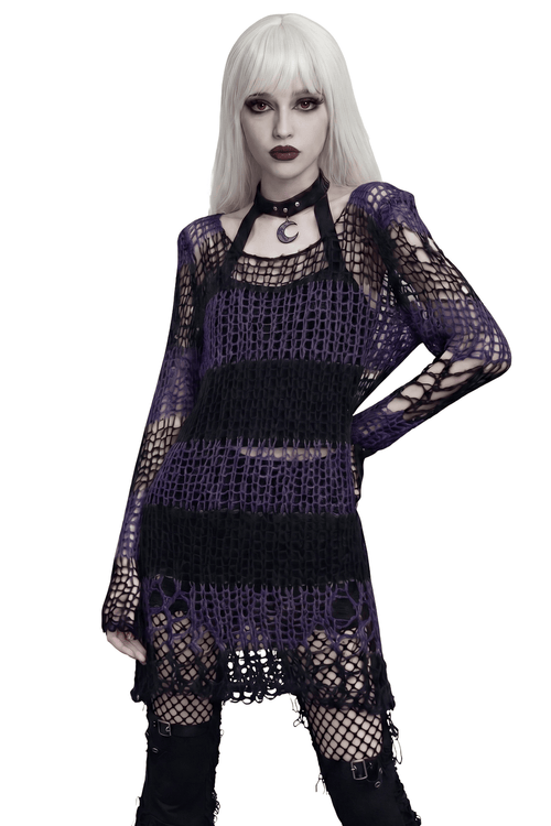 Pull en maille gothique pour femmes en mohair violet et noir