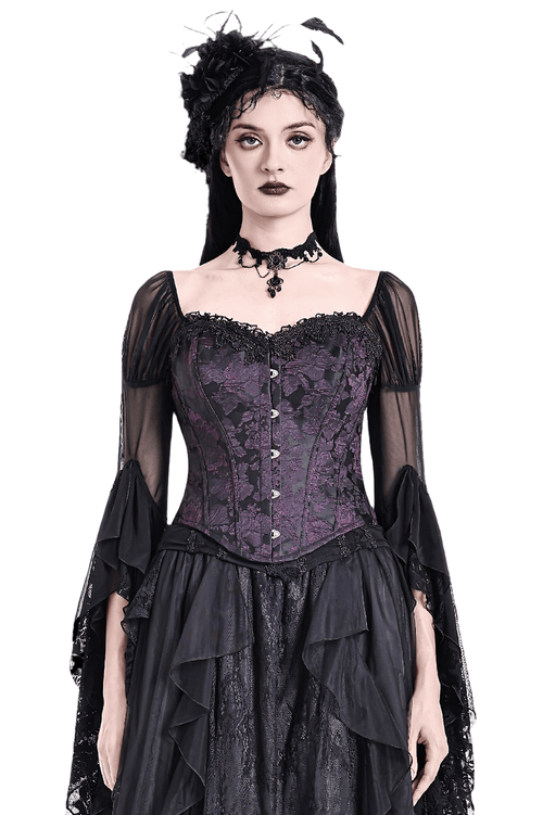 Corset victorien couvrant la poitrine en jacquard floral bleu
