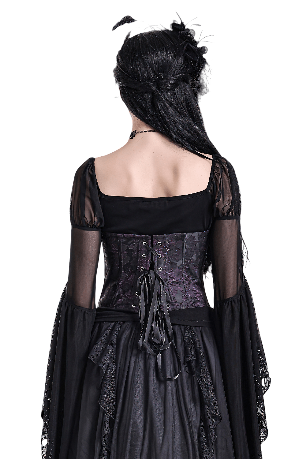 Women's Purple Gothic Jacquard Overbust Corset featuring a lace-up back and dramatic Victorian design.