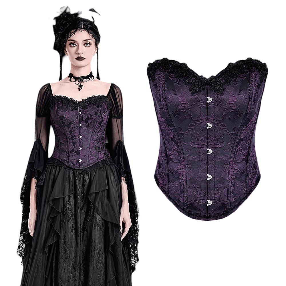Women's Purple Gothic Jacquard Overbust Corset with lace trim and front clasps for a dramatic silhouette.