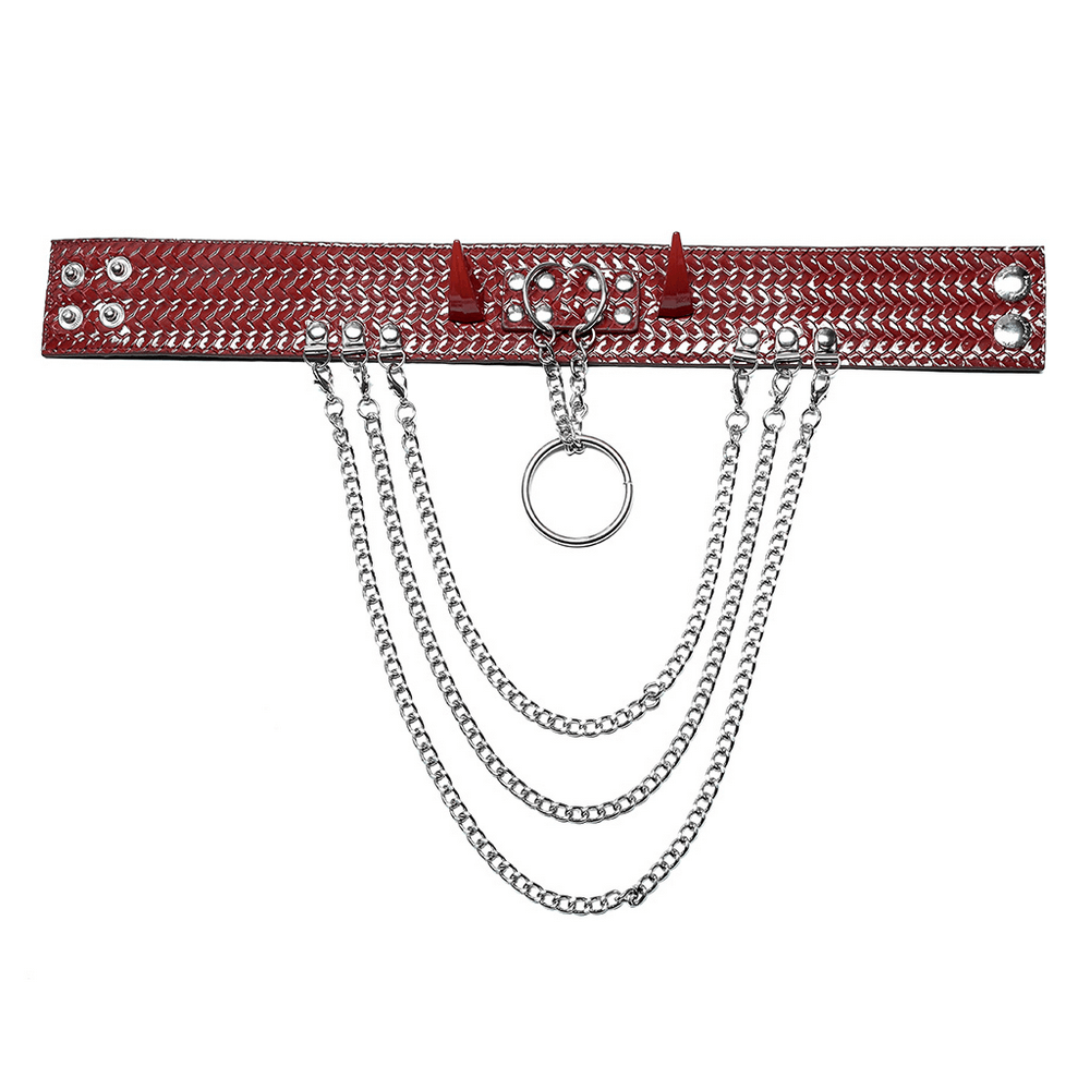 Edgy red Python Grain choker with metal chains and spikes, perfect for a punk aesthetic.
