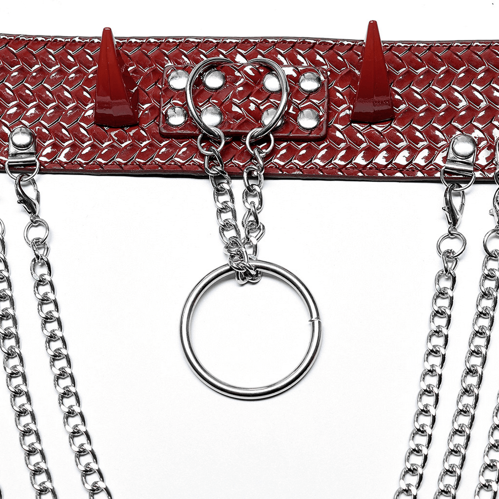 Bold red python grain choker with metal chains and spikes, enhancing any edgy outfit with punk flair.