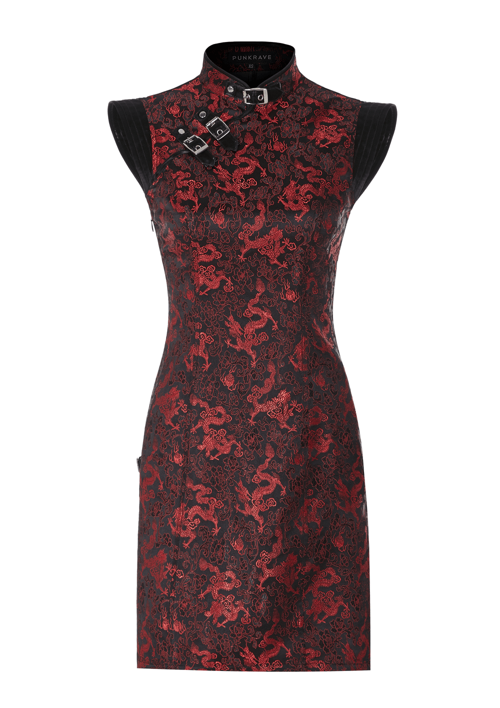 Women's red dragon pattern jacquard cheongsam dress with cyberpunk accents and metallic buckles.