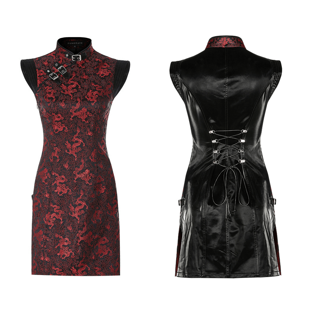 Women's red dragon jacquard cheongsam dress featuring sleek PU leather and cyberpunk accents.
