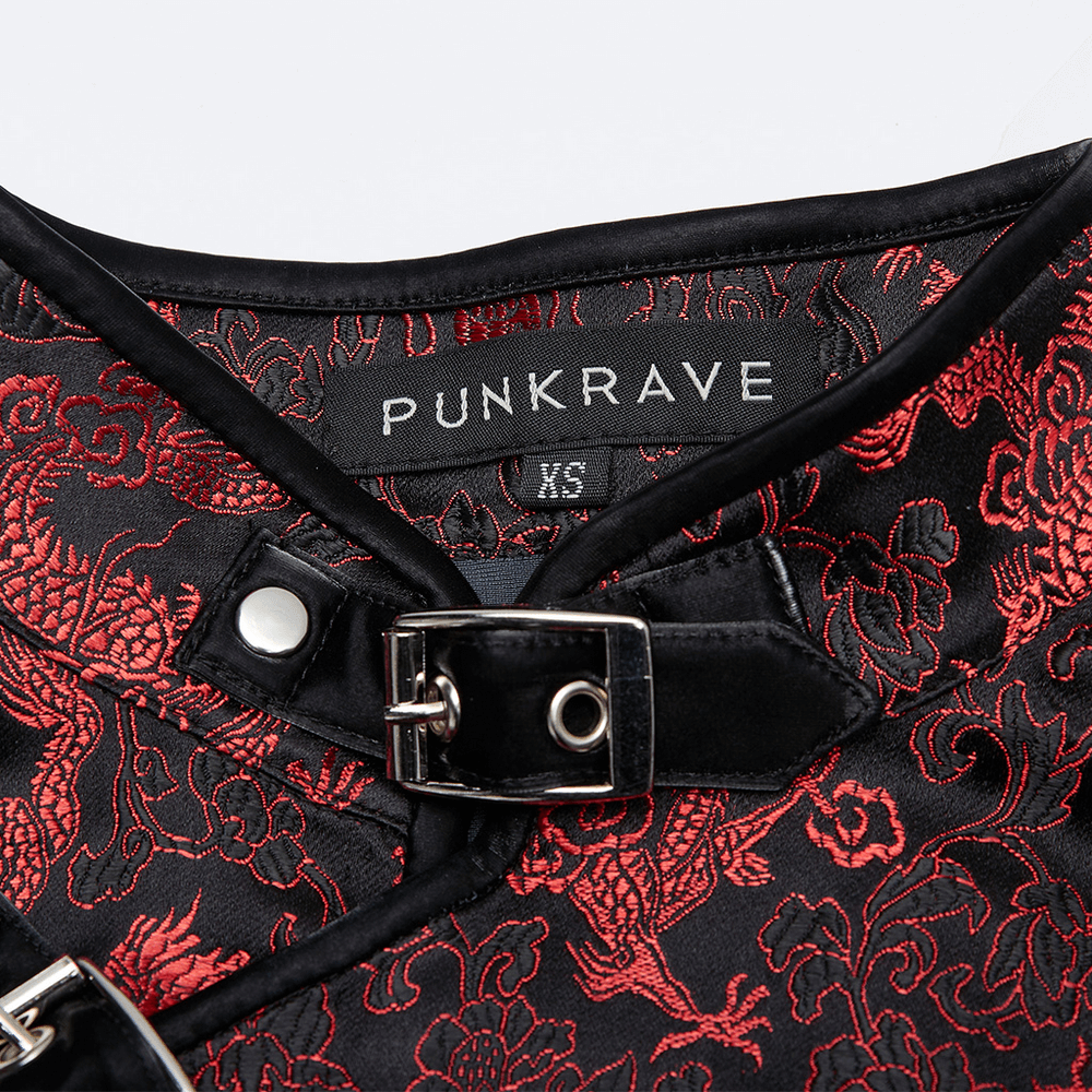 Close-up of the collar and label of the Women's Red Dragon Pattern Jacquard Cybernetic Dress by PUNKRAVE.