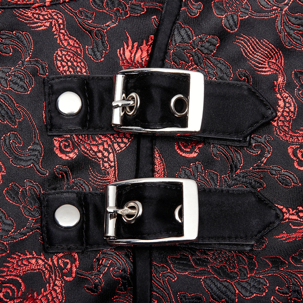 Close-up of metallic buckles on Women's Red Dragon Pattern Jacquard Cybernetic Dress with intricate dragon motif.