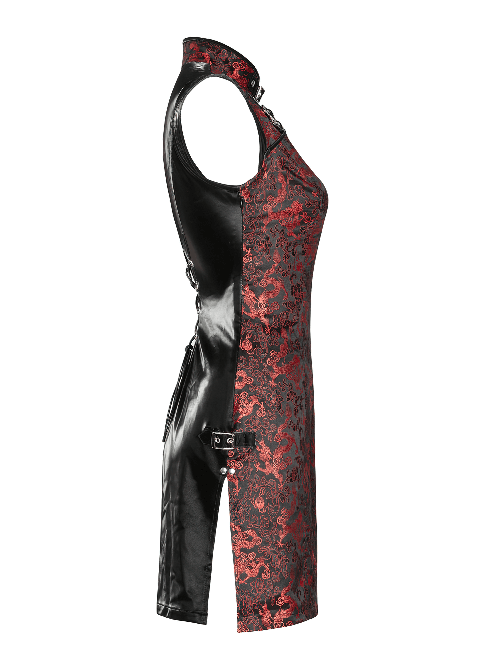 Side view of women's red dragon pattern jacquard cybernetic dress with PU leather accents and punk details.