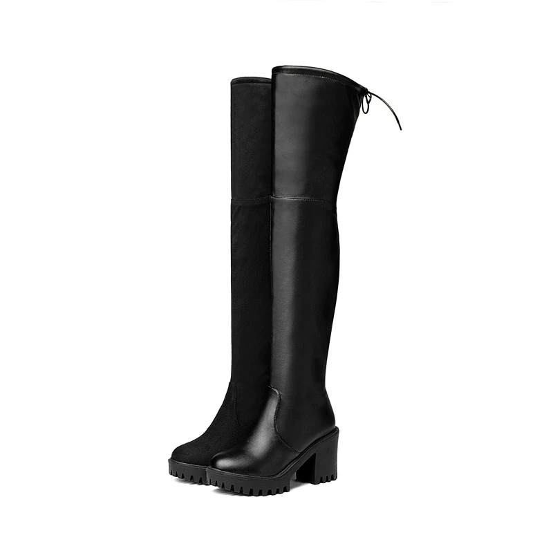 Chic women's over-the-knee high heel platform boots in black, perfect for adding style and height to any outfit.