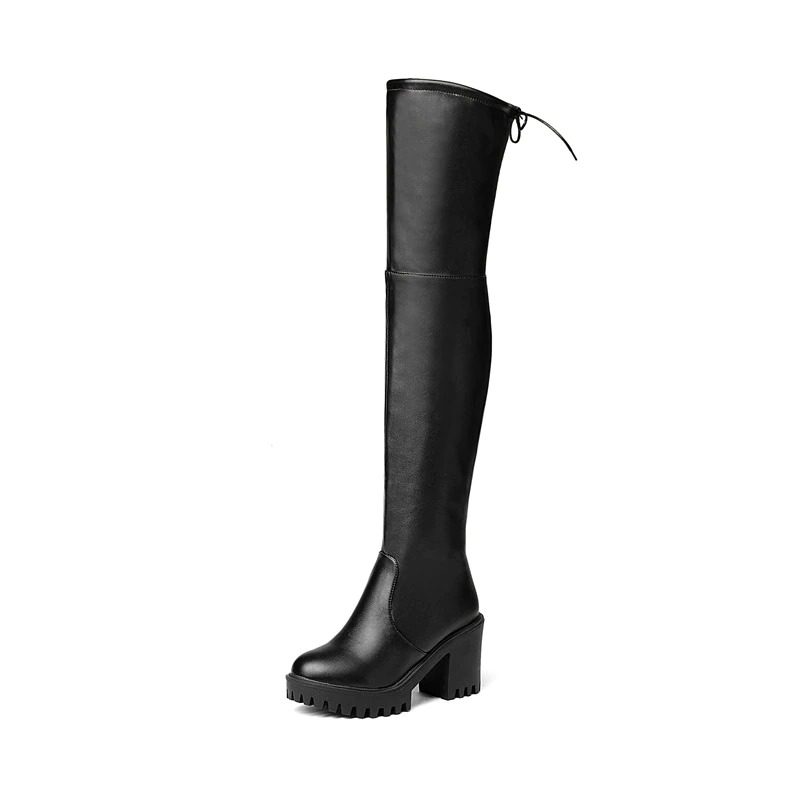 Women's black round toe thigh high platform boots with stylish design and chunky heels.