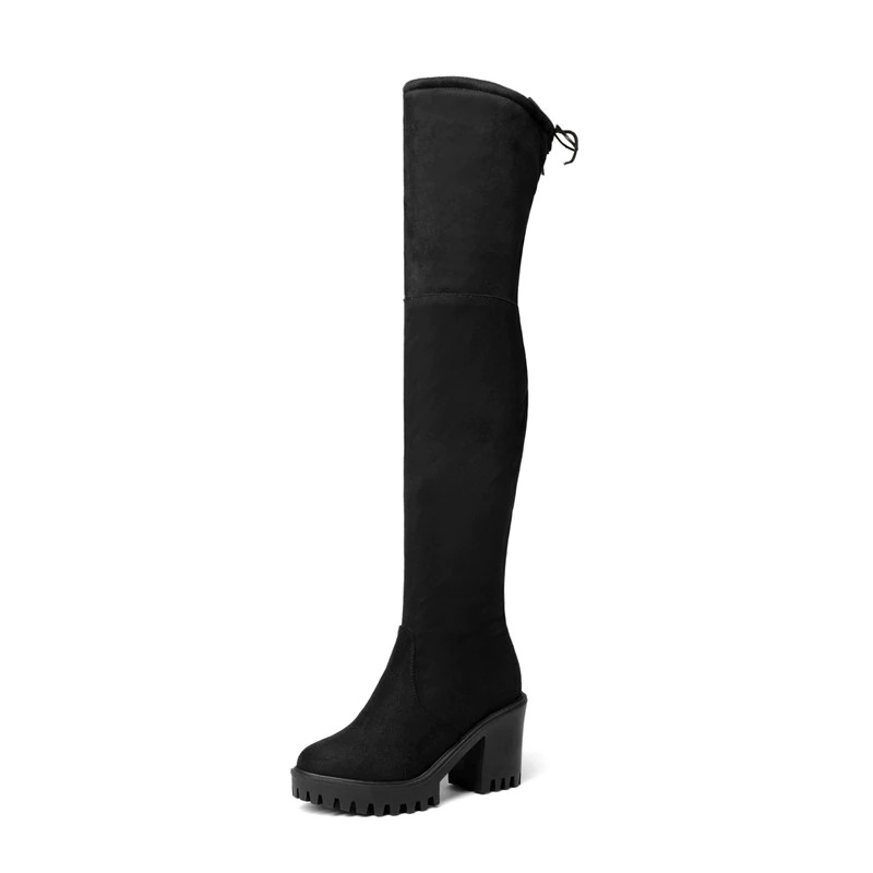 Women's black thigh high platform boots with round toe and medium heel, perfect for trendy casual styles.