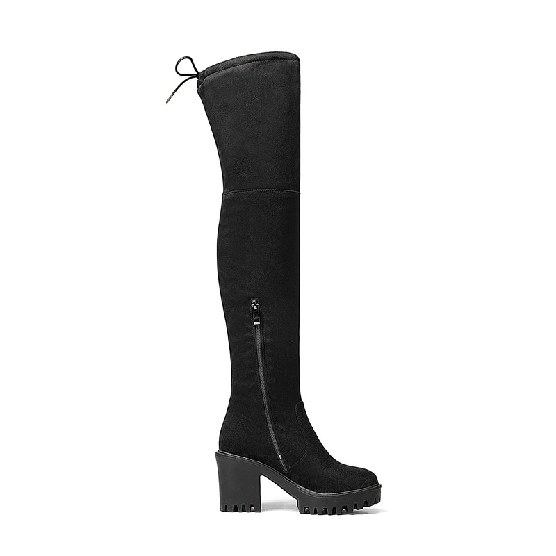 Women's black round toe high heel platform thigh high boots with stylish zipper and modern design.