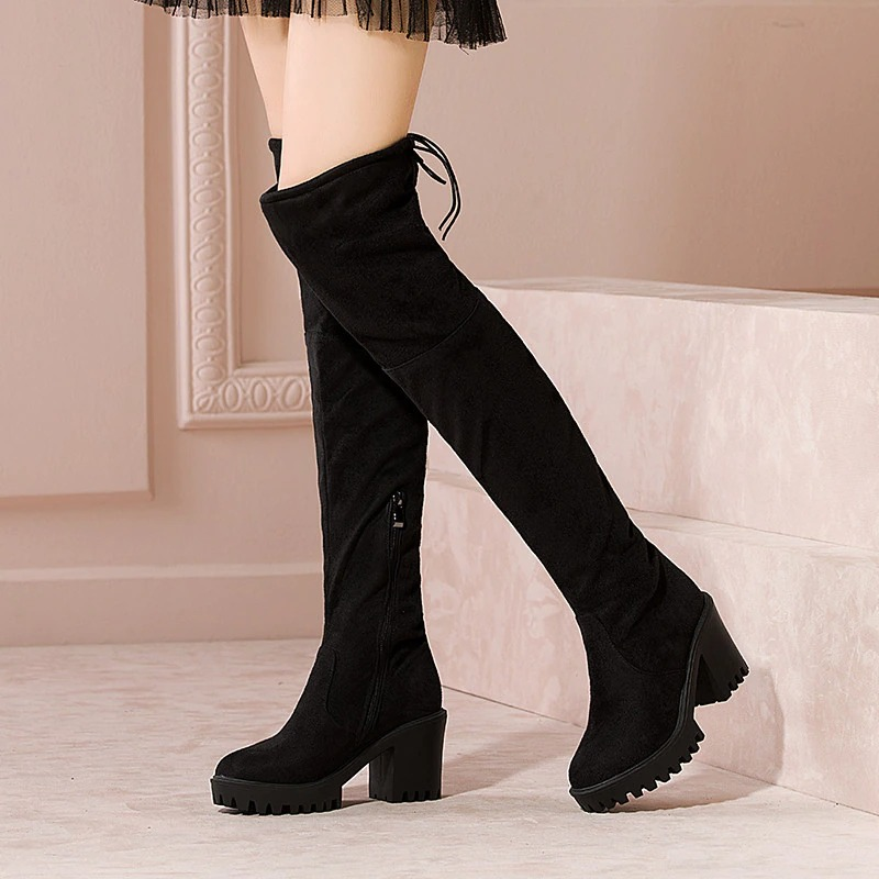Women's black over-the-knee high heel platform boots, stylish with modern design and trendy casual appeal.