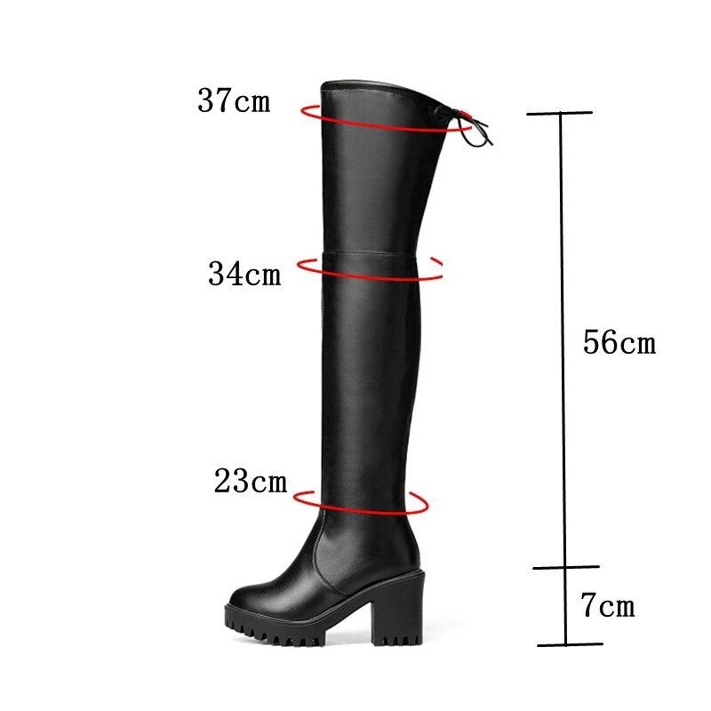 Black women's thigh high platform boots with height measurements, trendy casual style and modern design.