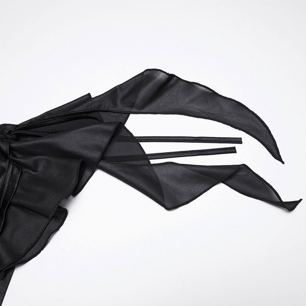 Women's Ruched Goth Shorts With Chiffon Drape Panels close-up showcasing black chiffon drape and ruffled hem details.