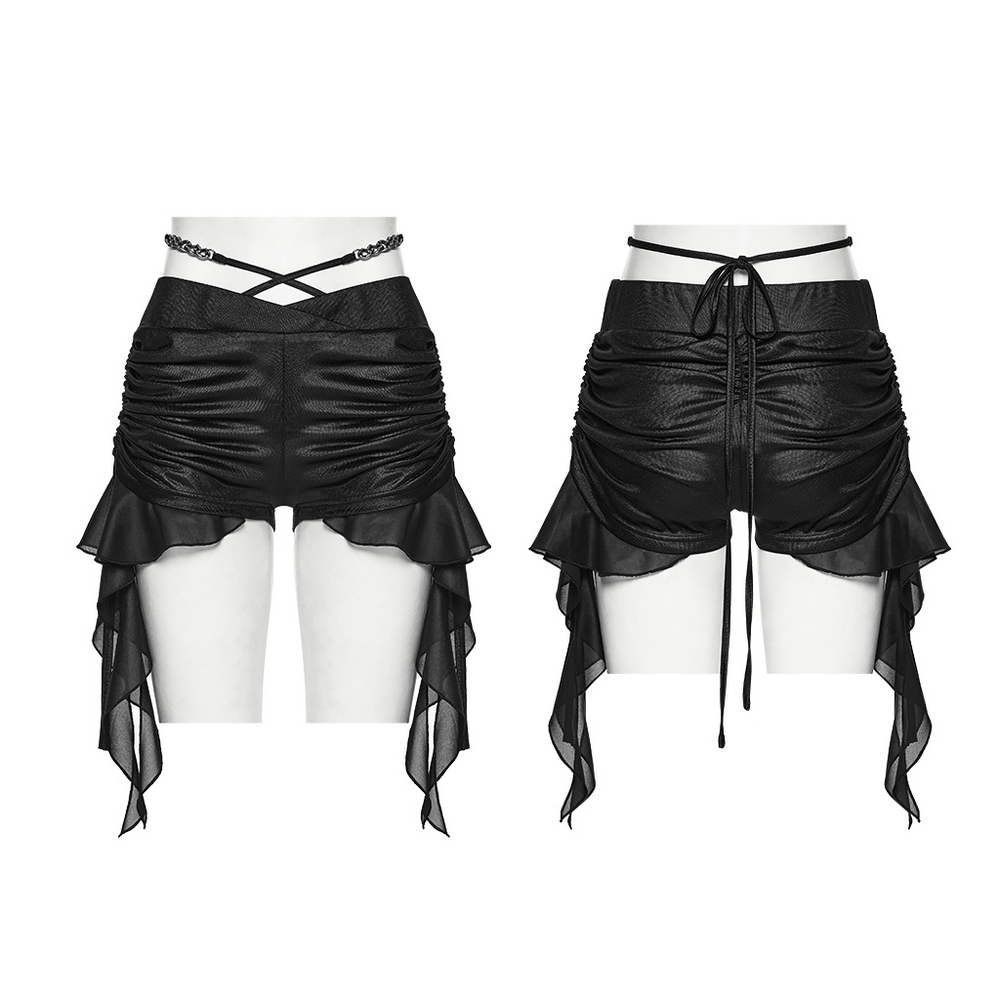 Women's Ruched Goth Shorts With Chiffon Drape Panels featuring drawstring waist and ruffled hem.