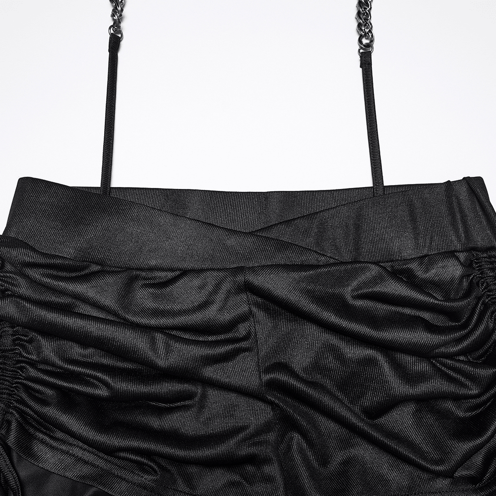 Women's Ruched Goth Shorts With Chiffon Drape Panels featuring elastic glossy knit and metal waist chains.
