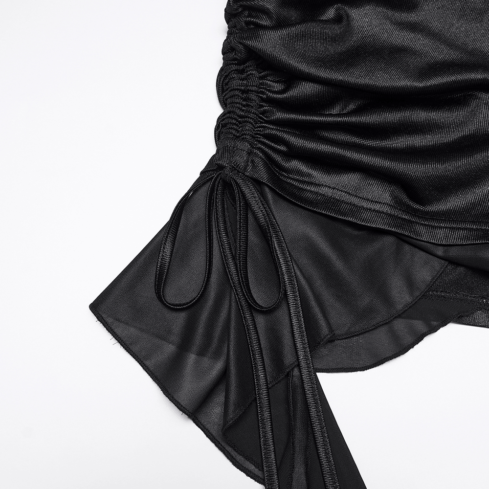 Close-up of Women's Ruched Goth Shorts With Chiffon Drape Panels showcasing the drawstring and chiffon details.