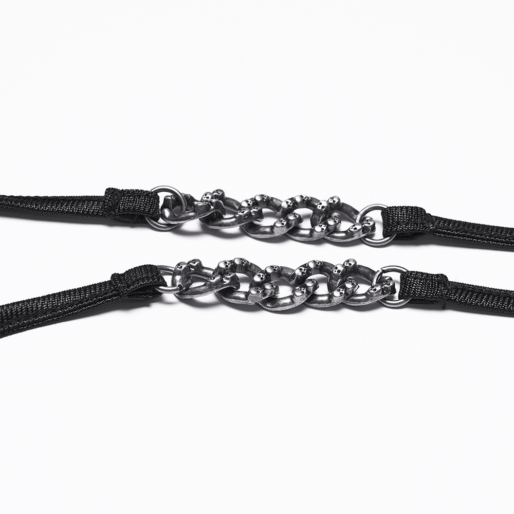 Close-up of metal chains and straps for Women's Ruched Goth Shorts With Chiffon Drape Panels.