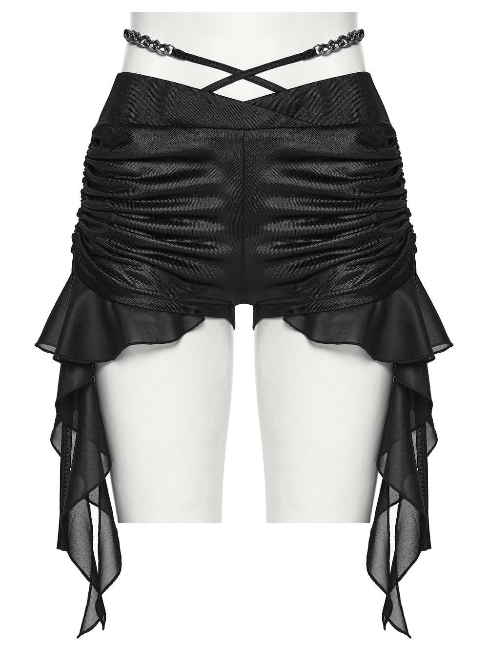 Women's Ruched Goth Shorts With Chiffon Drape Panels featuring adjustable drawstring and metal chains.