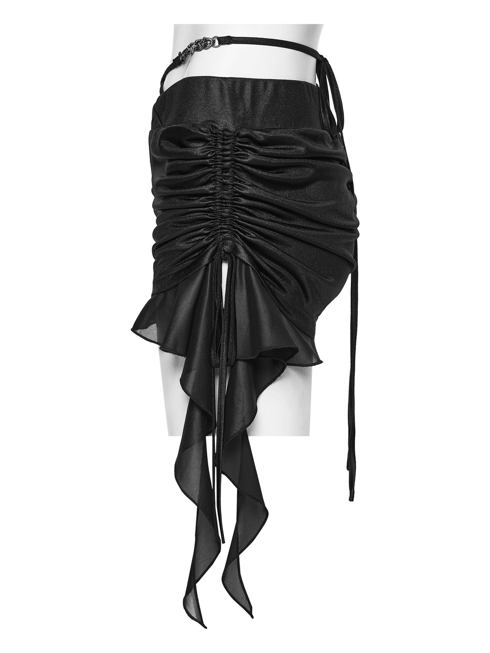 Women's Ruched Goth Shorts With Chiffon Drape Panels showcased on a mannequin, featuring drawstring waist and ruffled hem.