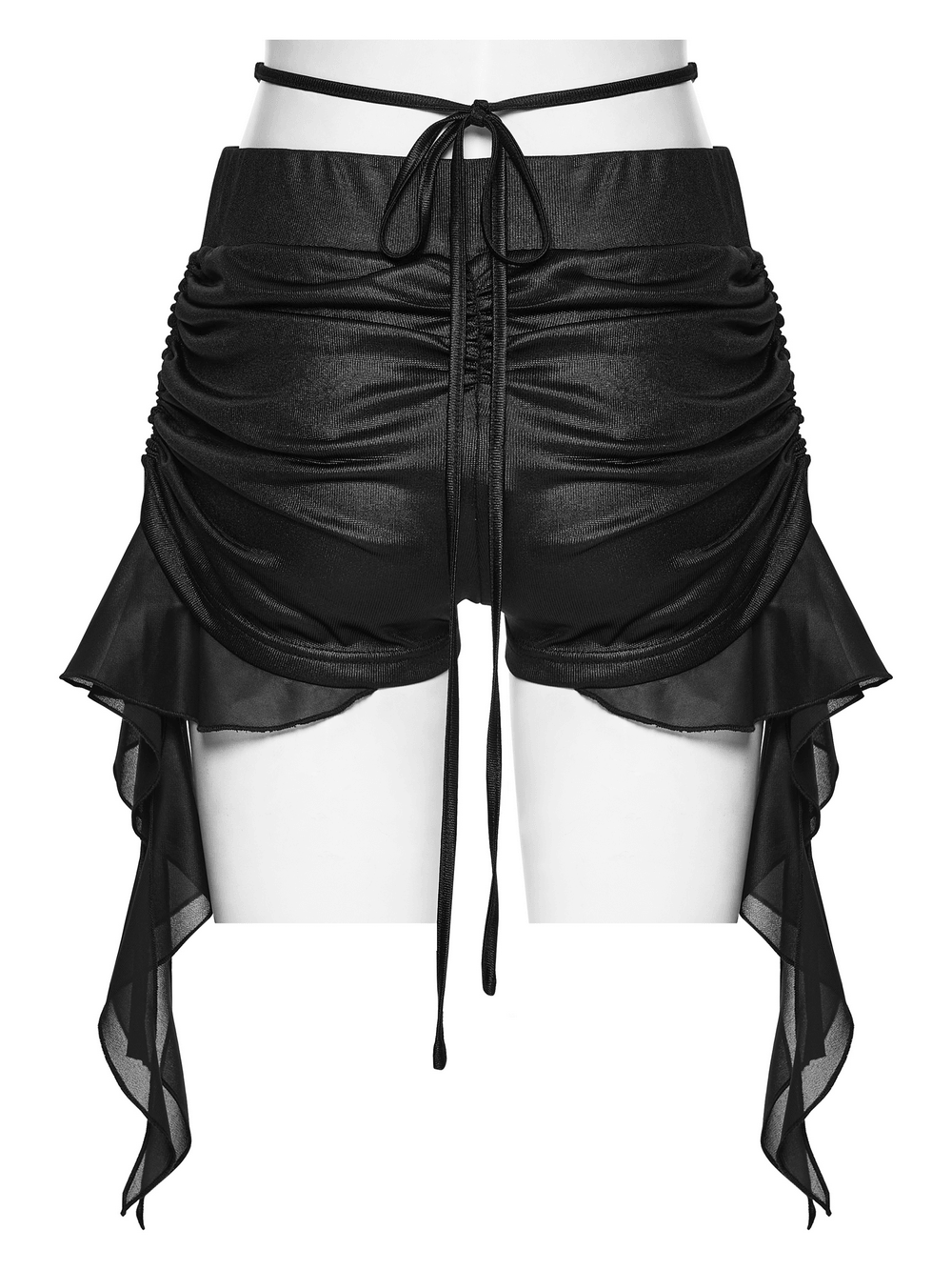 Women's Ruched Goth Shorts With Chiffon Drape Panels showcasing a stylish drawstring waist and flowing chiffon accents.