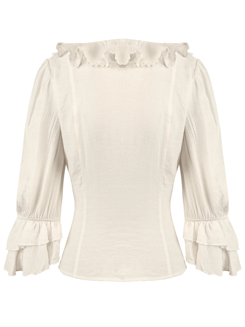 Women's Ruffle Neck Blouse with Side Lacing and Bell Cuffs