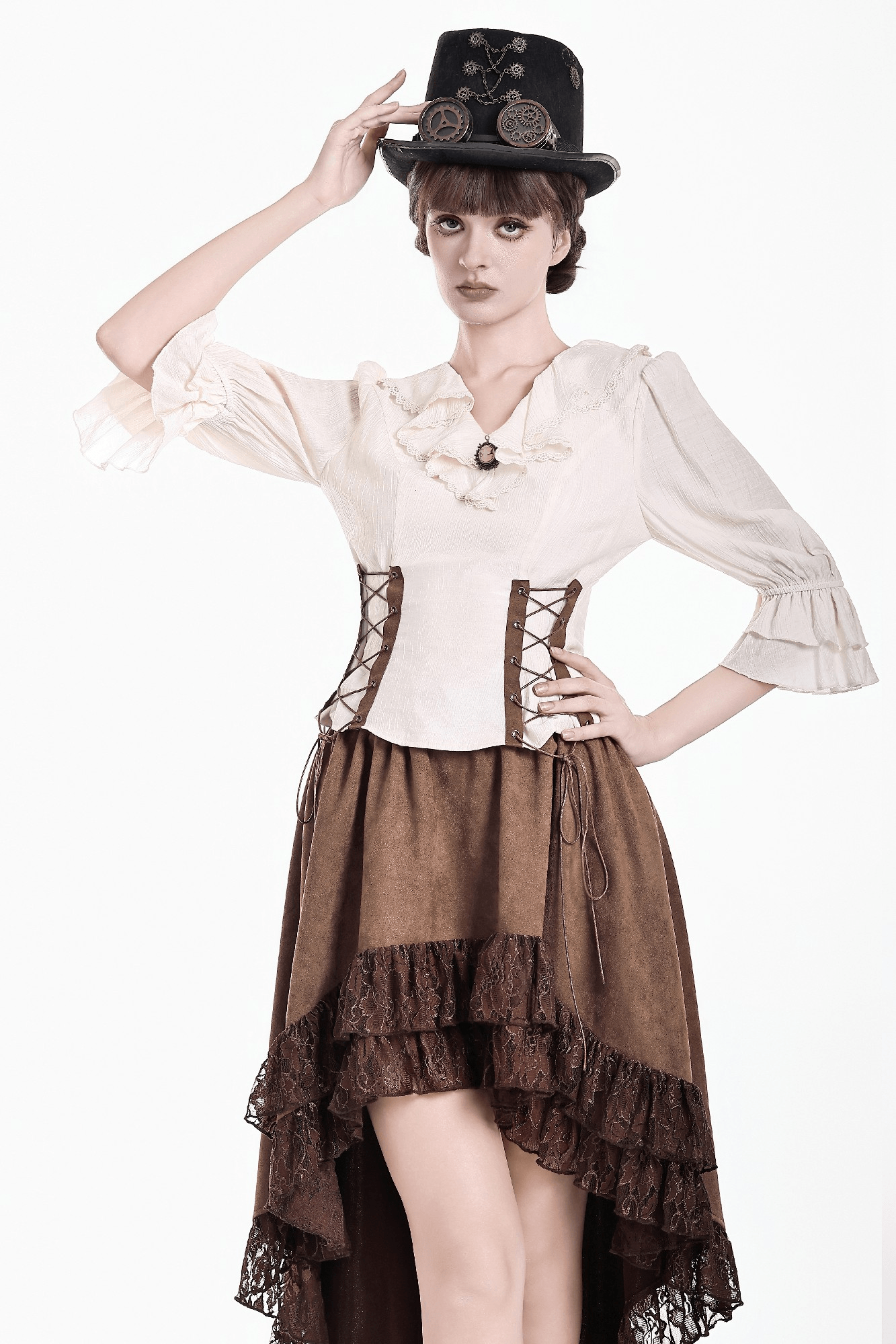 Women's Ruffle Neck Blouse with Side Lacing and Bell Cuffs