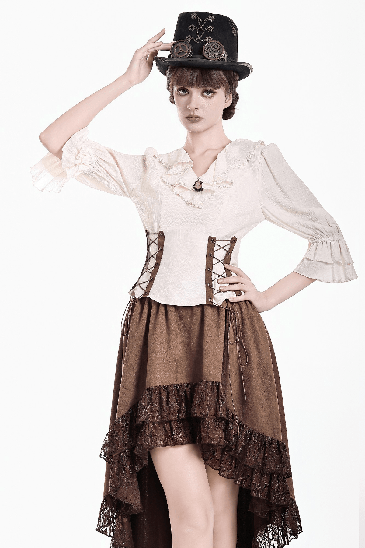 Women's Ruffle Neck Blouse with Side Lacing and Bell Cuffs