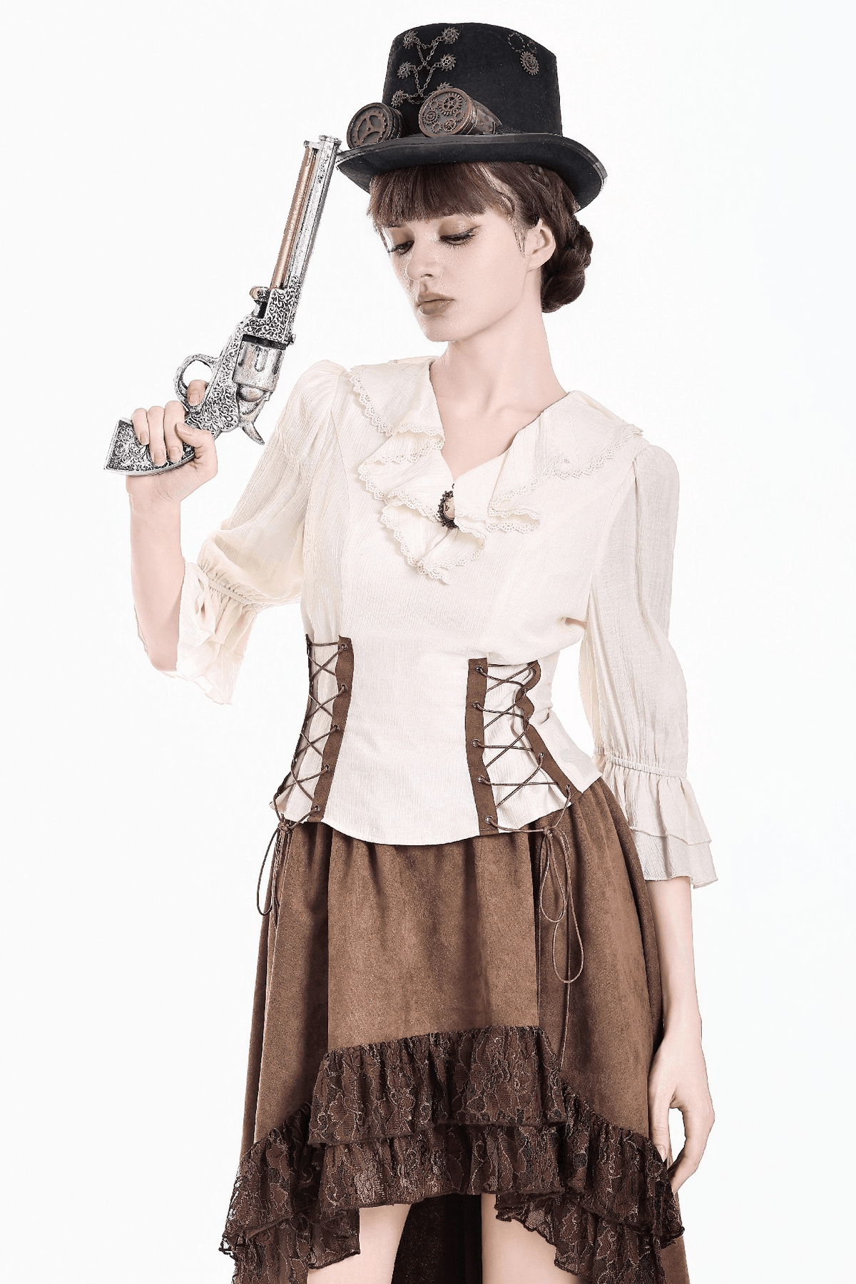Women's Ruffle Neck Blouse with Side Lacing and Bell Cuffs
