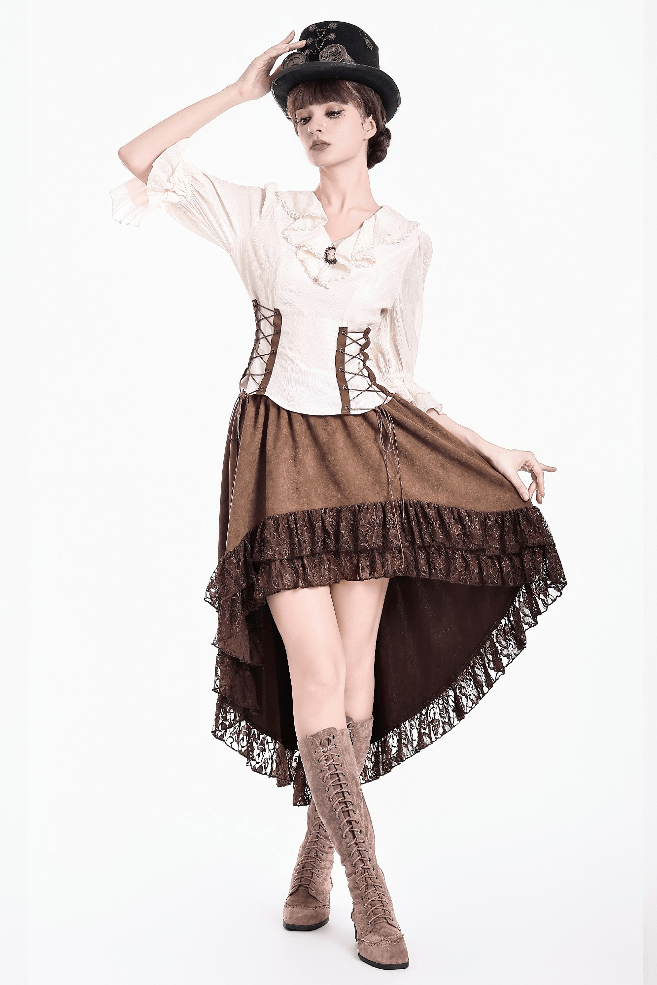 Women's Ruffle Neck Blouse with Side Lacing and Bell Cuffs